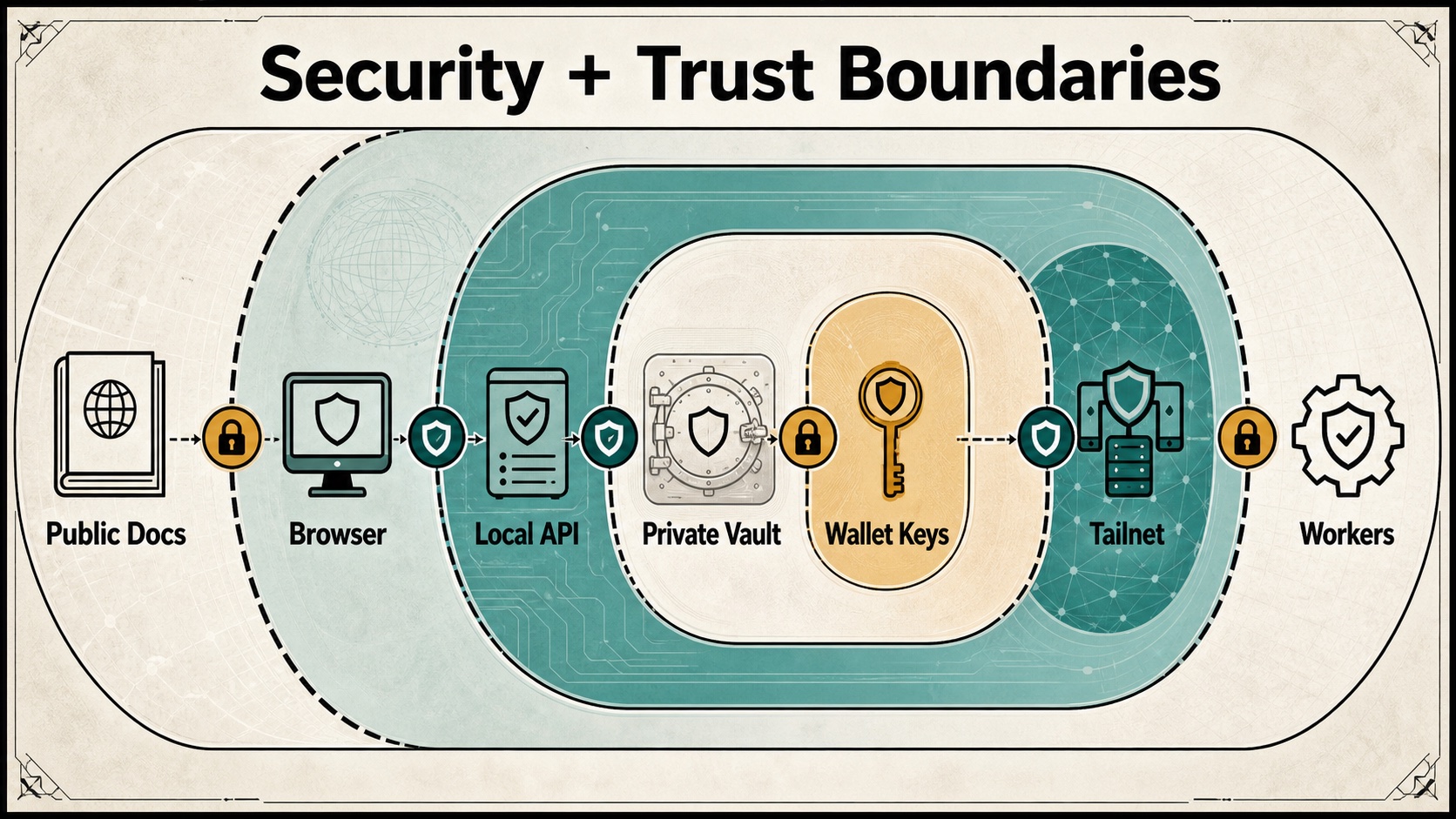 Security and trust boundaries infographic showing Public Docs, Browser, Local API, Private Vault, Wallet Keys, Tailnet, and Workers.