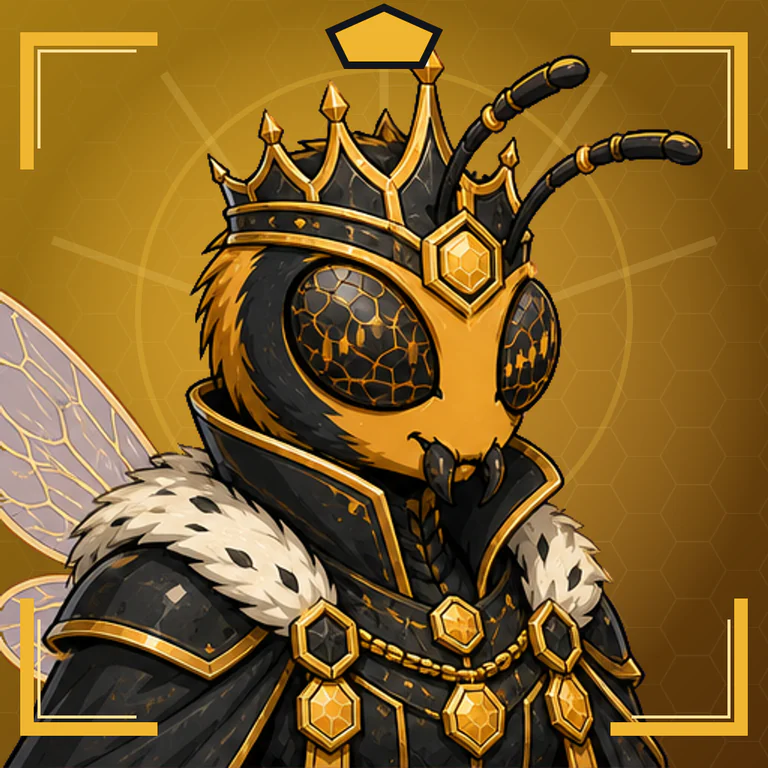 A HivePunk bee in a jewelled crown and fur cloak