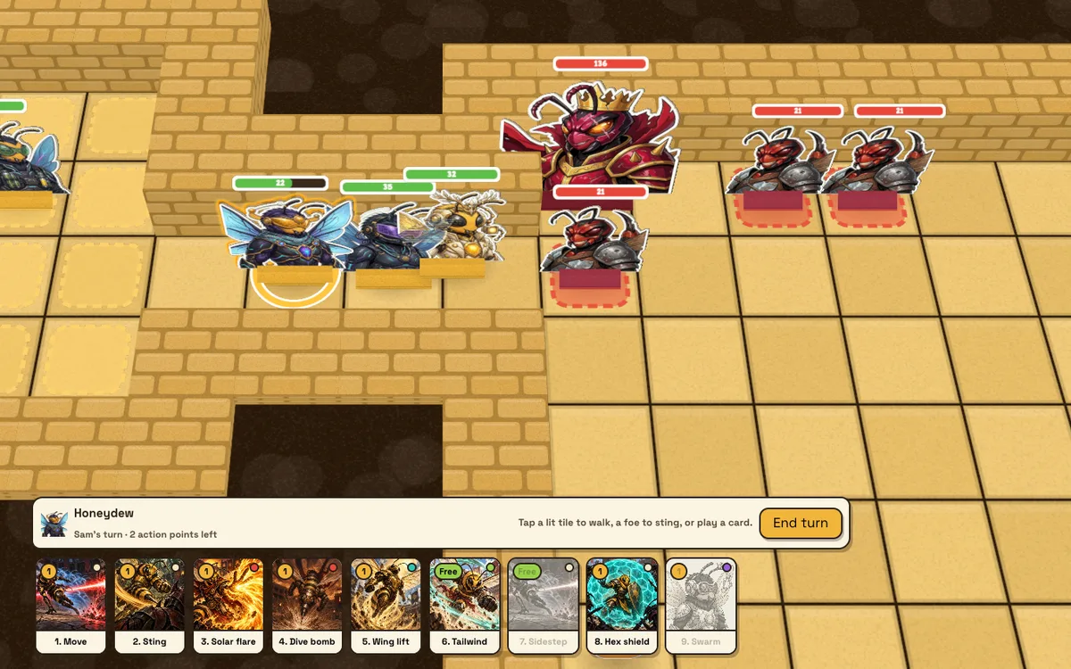 The Crawl: a party of HivePunkz on a dungeon board with a hand of skill cards