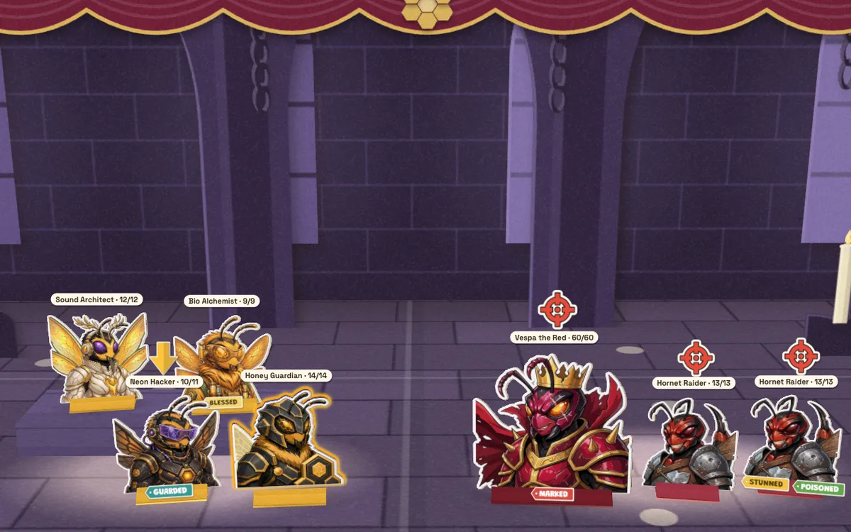 Dungeons and Drones: a party of four HivePunkz facing Vespa the Red and two hornet raiders on a papercraft stage