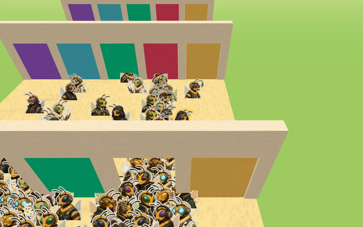 Swarm Party: a crowd of bees racing through coloured gates on a papercraft course