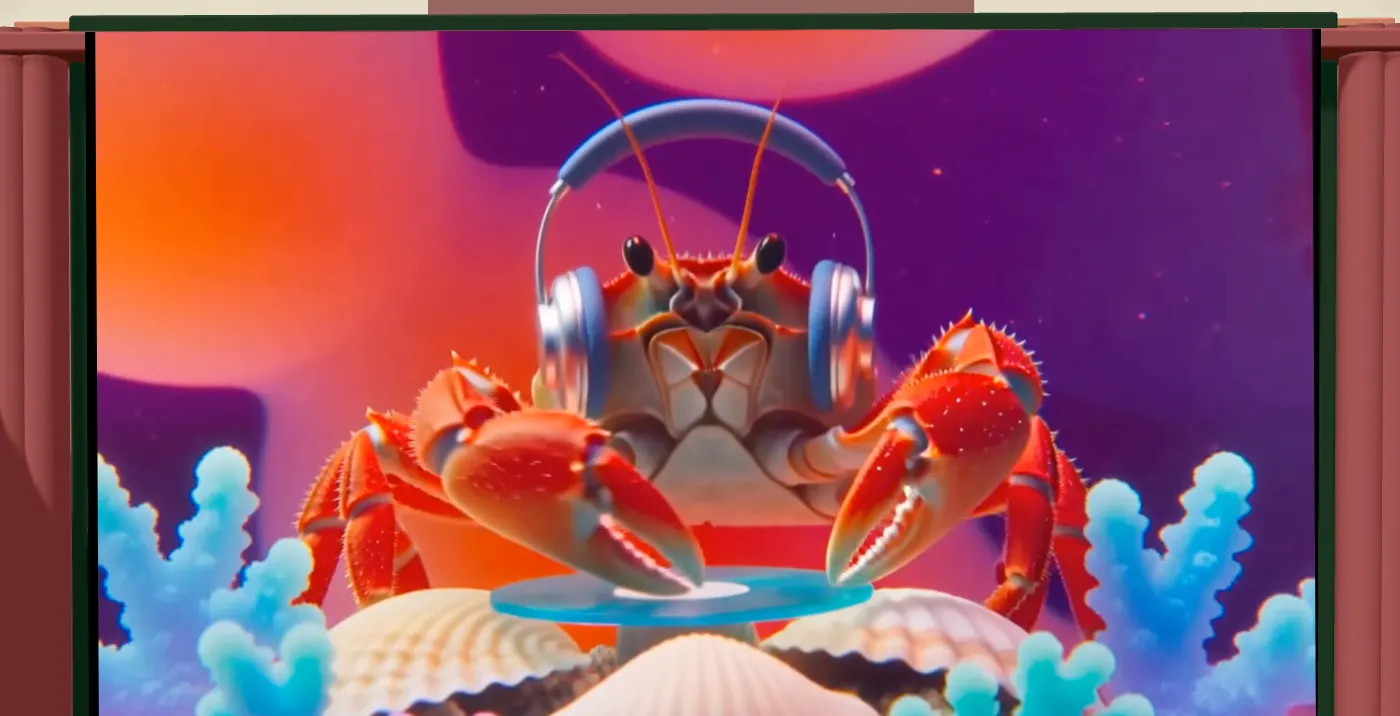 The Hive Cinema's screen, showing a crab wearing headphones at a turntable