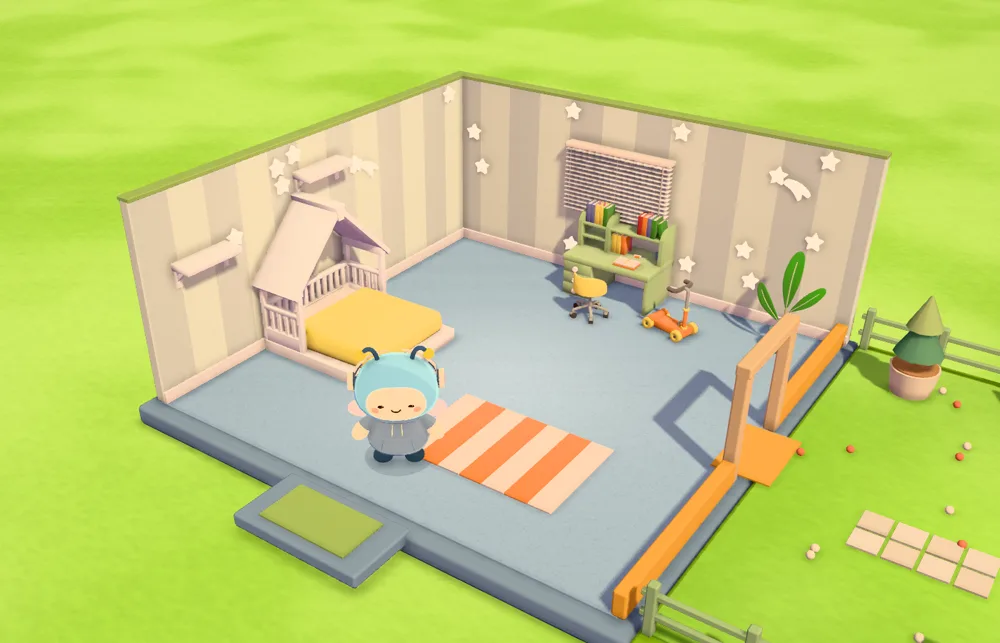 The same home as a children's room: a little house-shaped bed against the side wall, stars on the wall, a desk with a yellow chair, a scooter and a striped rug, with broad green stripes on the walls, a soft blue carpet and little firs in the garden