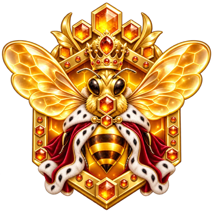 The Level 7 HONEY badge: a crowned queen bee in an ermine-trimmed royal cloak on a jewelled honeycomb