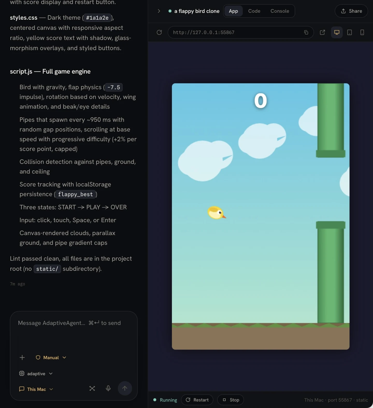 Focused HivemindOS App Builder view showing the agent's implementation notes beside a running local Flappy Bird clone preview